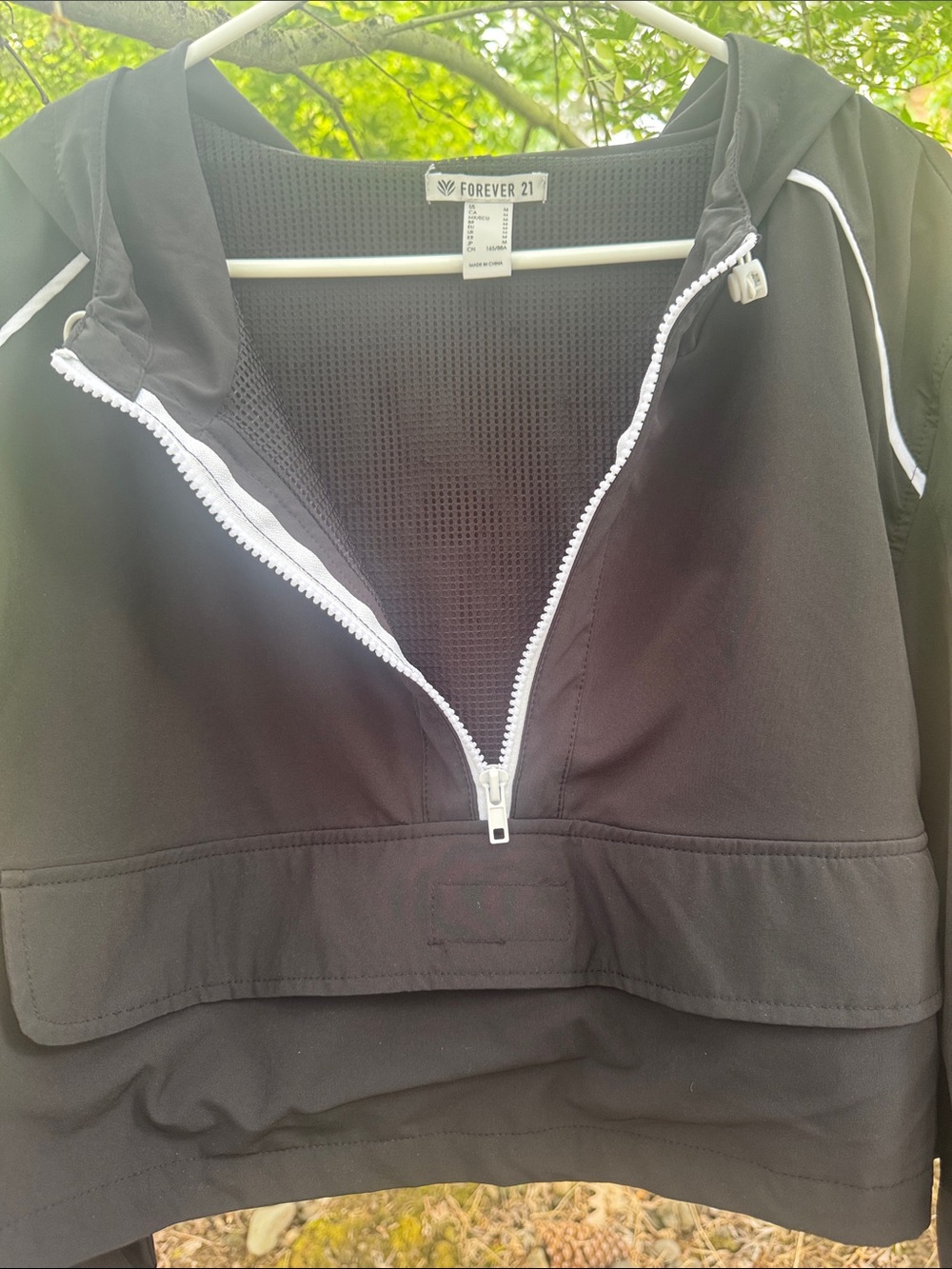 Forever 21 Black Cropped Hooded Bomber Jacket with White Trim and front pocket - Picture 7 of 8